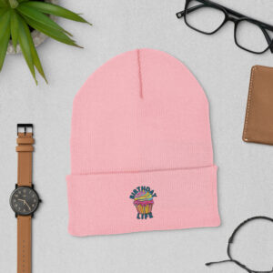 Cupcake Beanie - Blue Font - Baby Pink